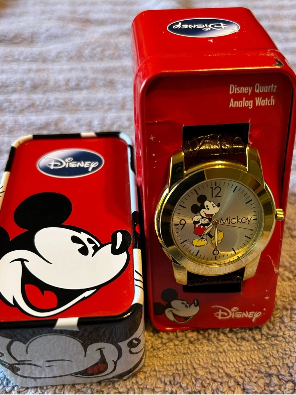 Disney Gold and Brown Mickey Mouse Watch with Red Tin NOS